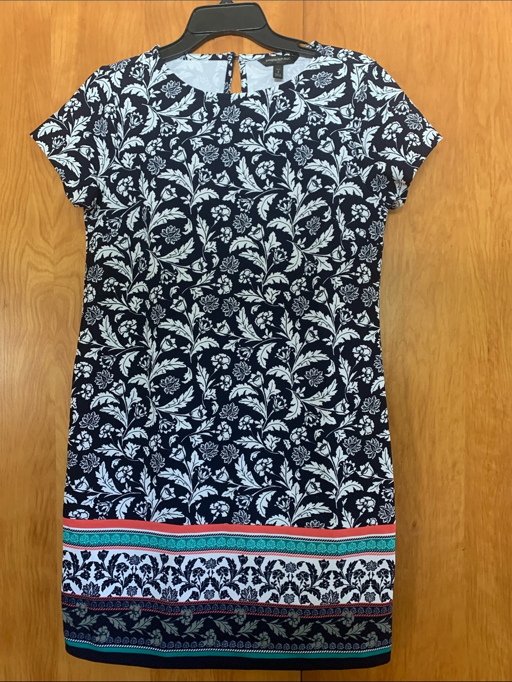 Banana Republic Floral Border Short-Sleeve Shift Dress - Navy/White sz 2P